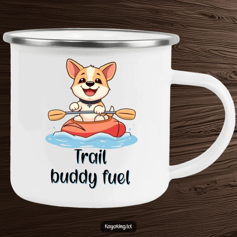 Funny happy dog kayaking camping mug shows a joyful dog paddling a kayak, built for outdoor fun and smiles.