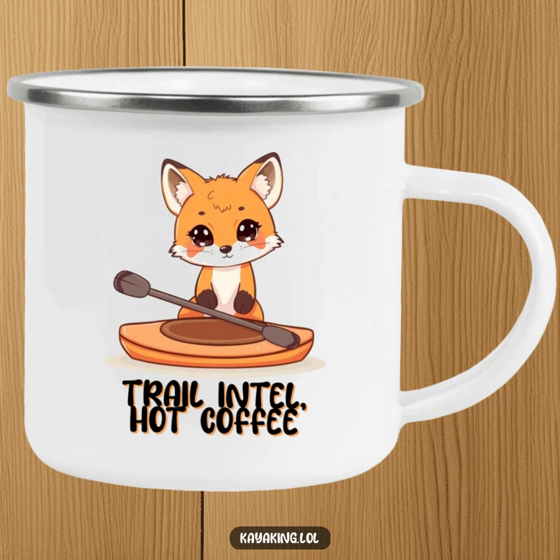 Funny camping mug featuring a curious fox peering over the edge of a small kayak, bringing humor and intrigue to outdoor beverages.