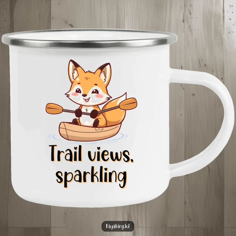 Funny fox in a kayak, with a grin and sparkling eyes, printed on a camping mug, perfect for outdoor beverage enjoyment.