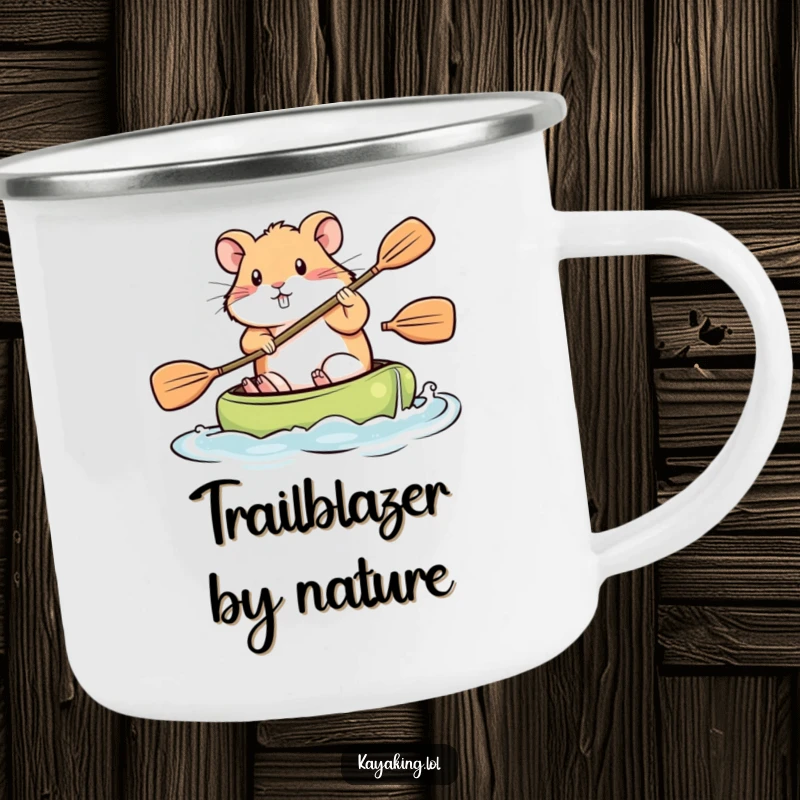 Funny Camping Mug, a hamster paddling a kayak with great effort, designed for motivational outdoor adventures.