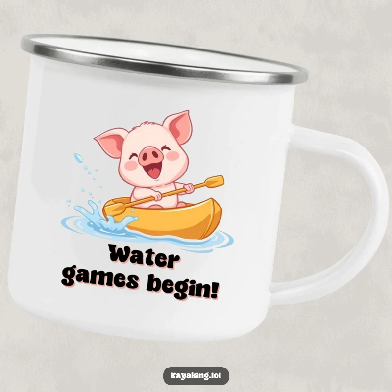 Funny giggling piglet splashing water from a kayak on a camping mug, a durable and humorous mug for outdoor fun.