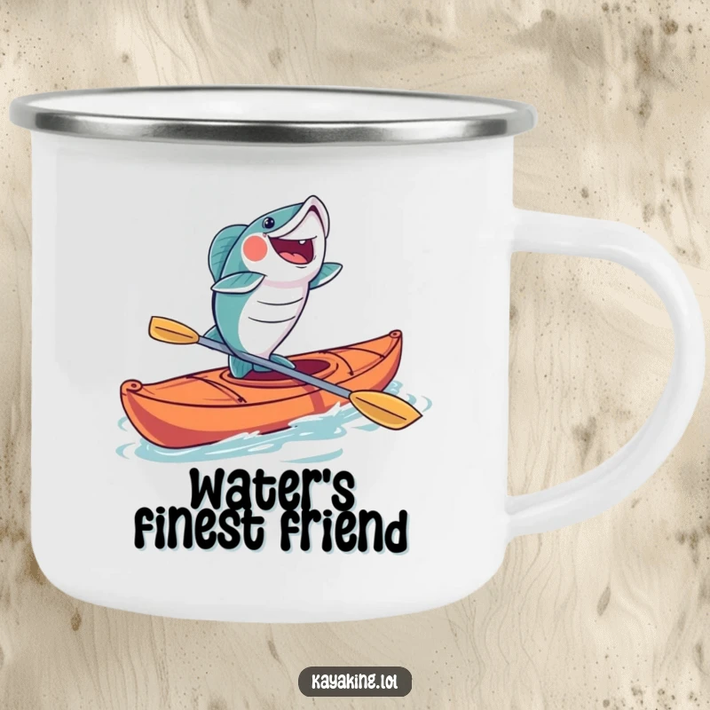 Funny fish kayaking camping mug with a joyfully leaping fish out of a kayak, perfect for outdoor drinks and humorous campfire moments.