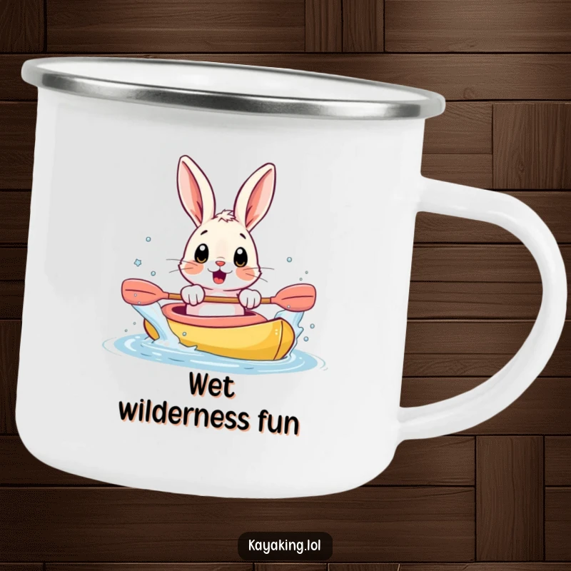 Funny camping mug with a surprised bunny splashing water from a kayak with its paws, for outdoor enjoyment.