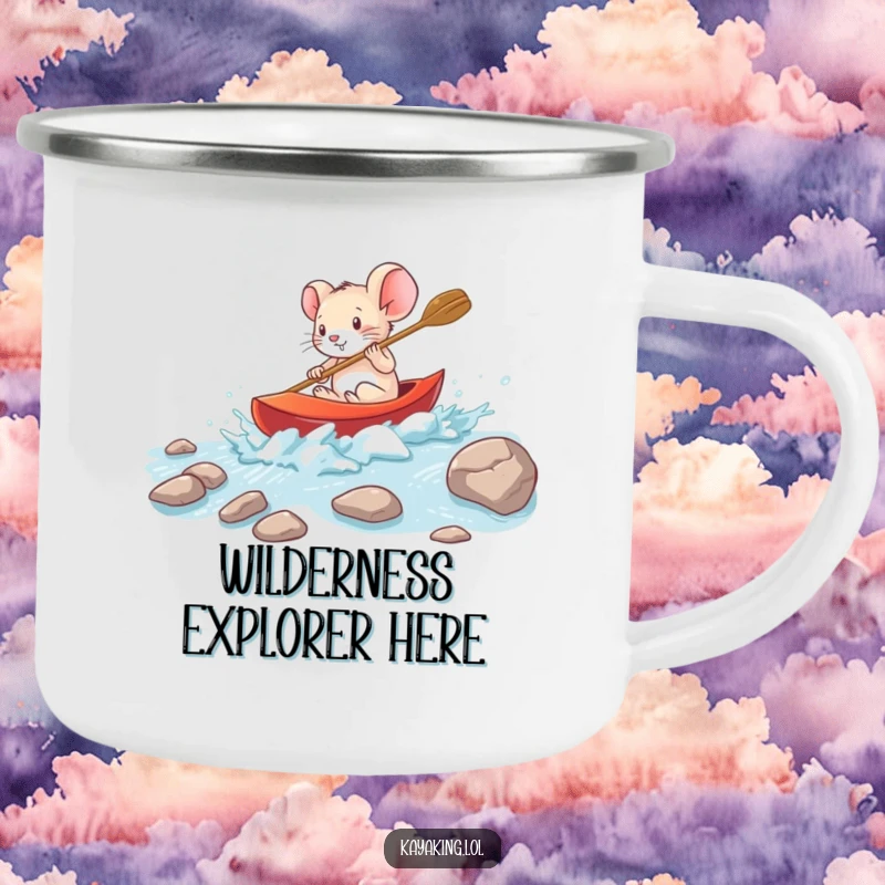 Funny brave mouse navigating rapids in a small kayak on a camping mug, a durable and humorous mug for outdoor adventurers.