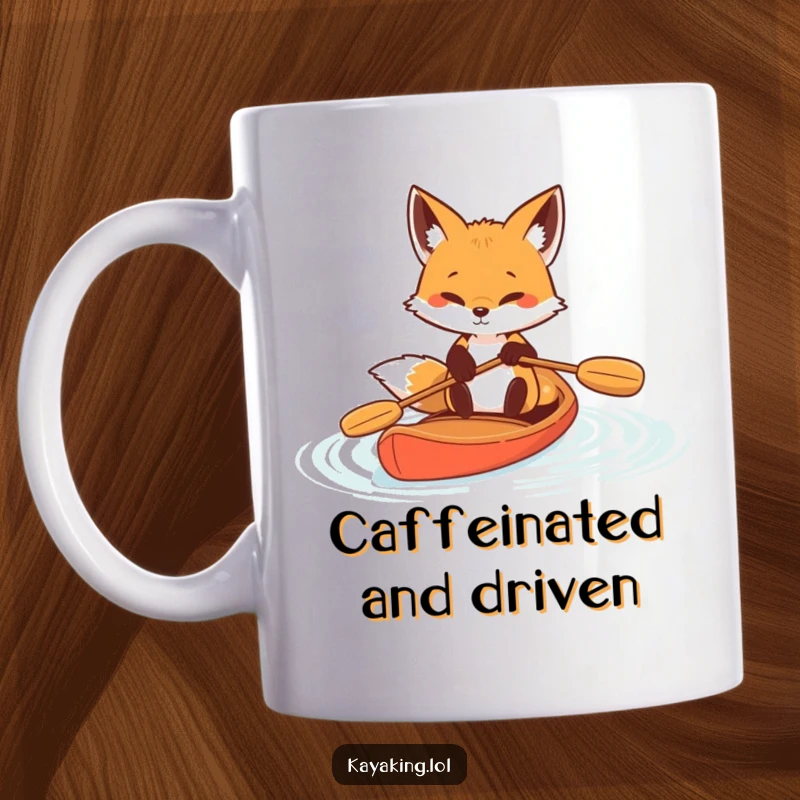 Funny Determined Fox Paddle Mug: An energetic fox paddles strongly on calm water, a humorous motivational scene.