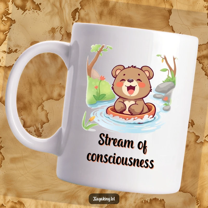 Funny mug featuring a laughing bear cub gleefully gliding down a gentle stream, embodying pure joy and adventure.