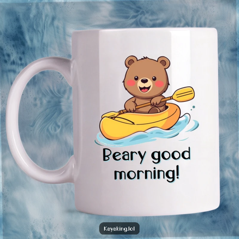 Funny Bear Mug: Smiling bear waving happily from a brightly colored kayak, radiating joy and outdoor fun.
