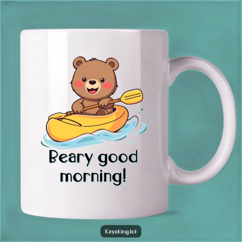 Funny Bear Kayak Mug: Smiling Grizzly Waves Hello, Joyful Outdoor Funny Gift