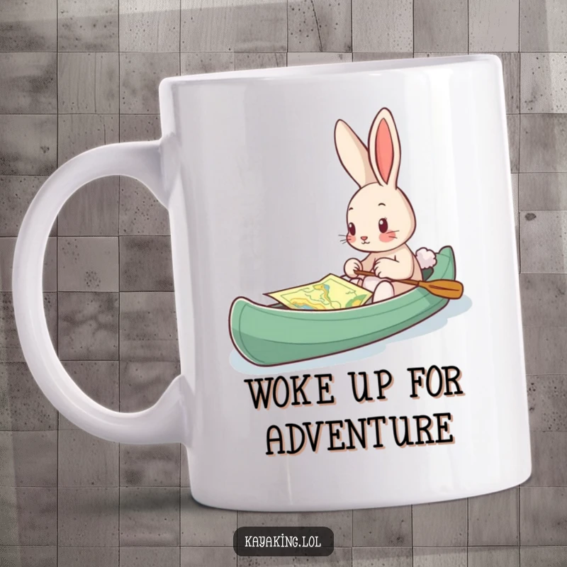 Funny mug, a curious bunny in a kayak studying a map, representing exploration and humorous navigation.