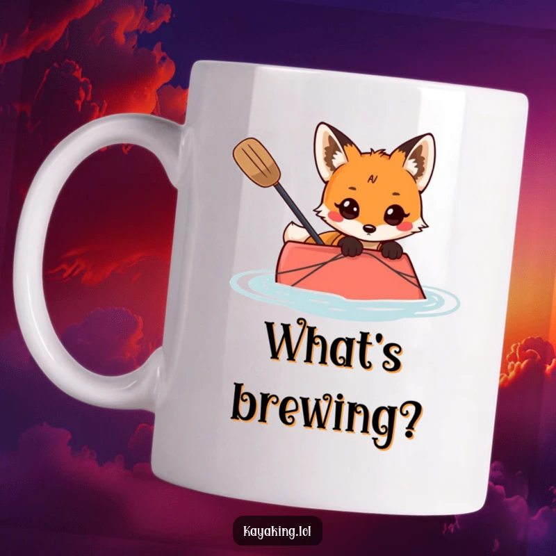 Funny mug with a curious fox peeking over the edge of a kayak, its eyes wide with wonder.