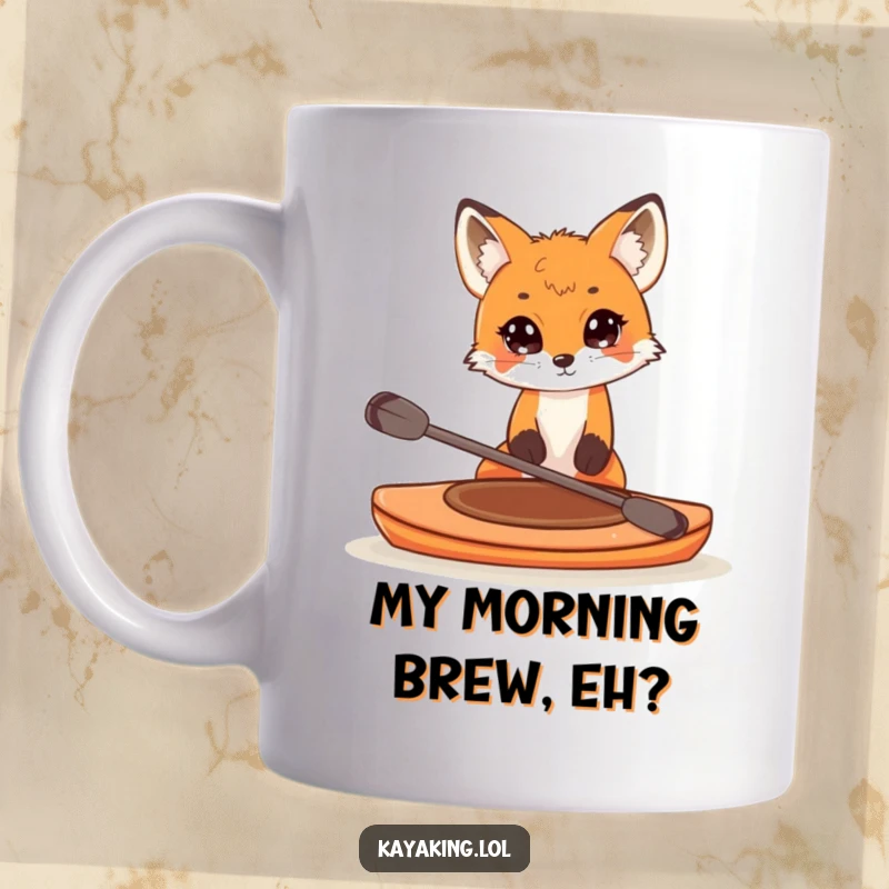 Funny mug with a curious fox peering over the edge of a small kayak, symbolizing exploration and playful inquisitiveness.