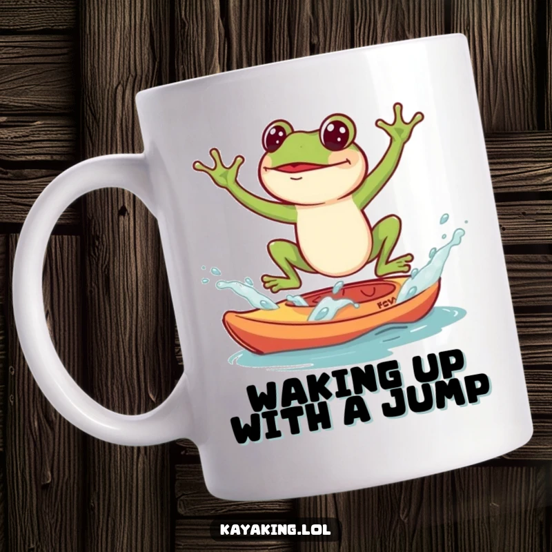 Funny mug, a frog dramatically jumping and splashing into a kayak, capturing a moment of aquatic humor.