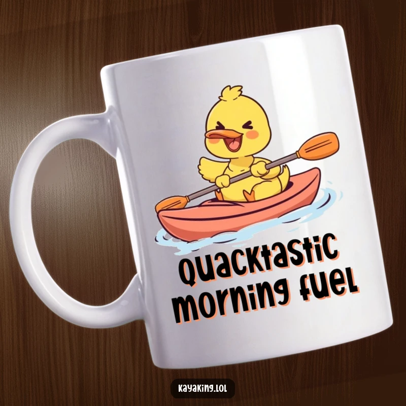 Funny mug featuring a joyful duck paddling a red kayak with complete exhilaration and a wide, happy smile.