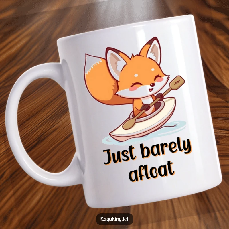 Funny kayaking fox mug, a playful red fox tipping its small yellow kayak with a splash, looking mischievous, perfect for river adventurers.
