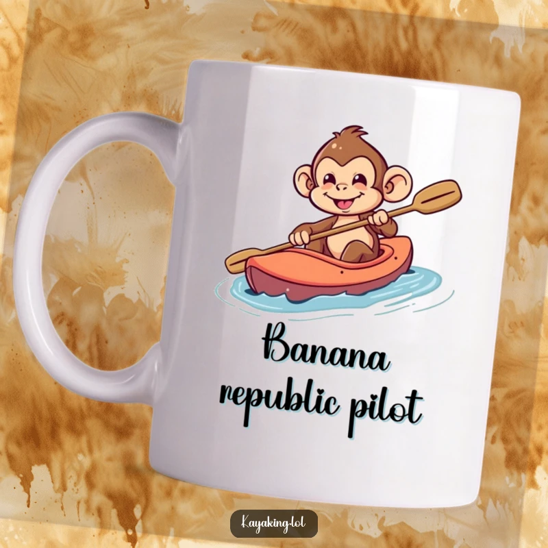 Funny Monkey Mug: A playful monkey with a mischievous grin steers a kayak, ready for an exciting adventure.