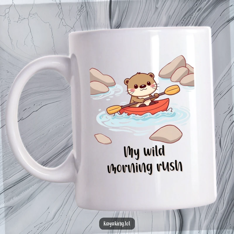 Funny mug featuring a playful otter character skillfully navigating rapids in a small kayak with a determined, fun expression.
