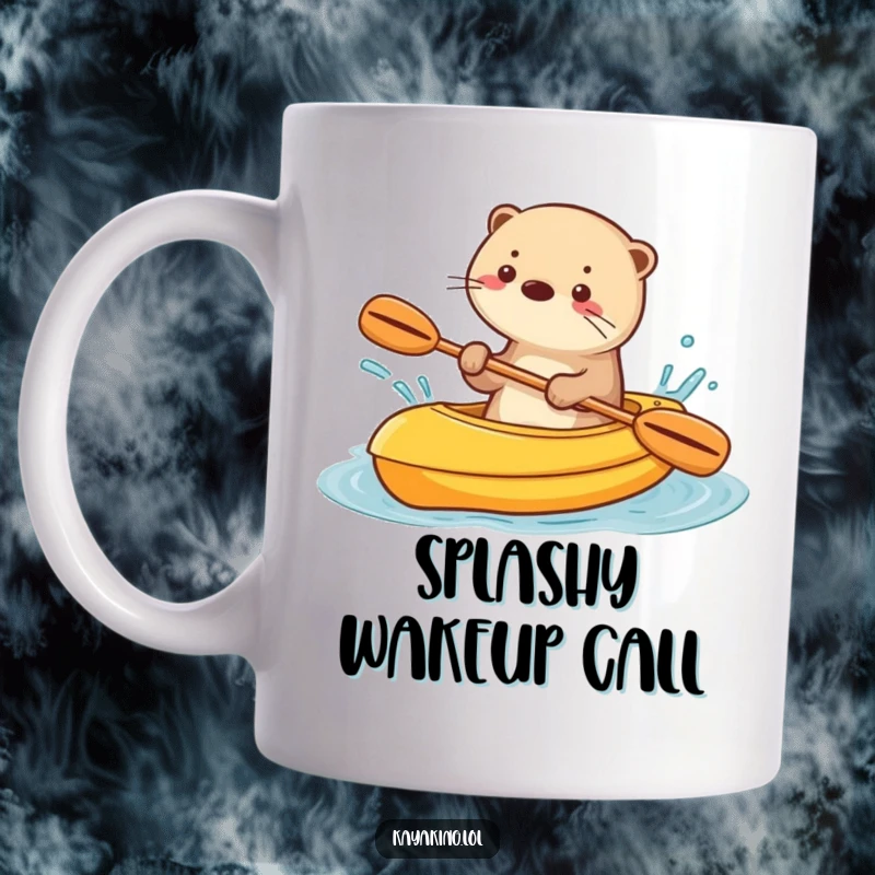 Funny mug showing a playful otter splashing water enthusiastically from a kayak, mid-adventure.