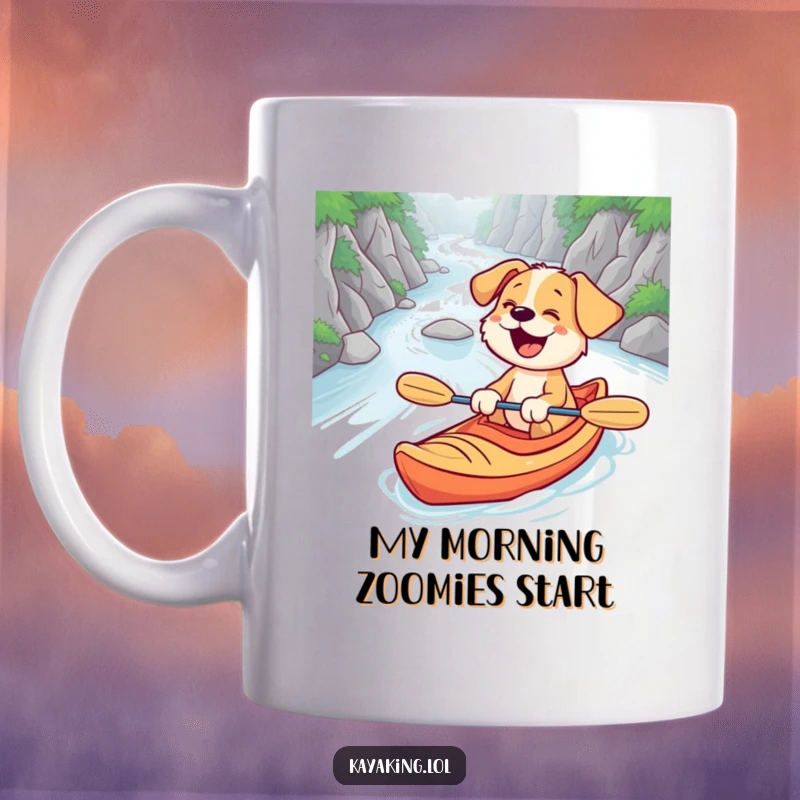 Funny mug featuring a surprised puppy giggling while kayaking down a winding river, symbolizing pure, unadulterated joy and adventure.