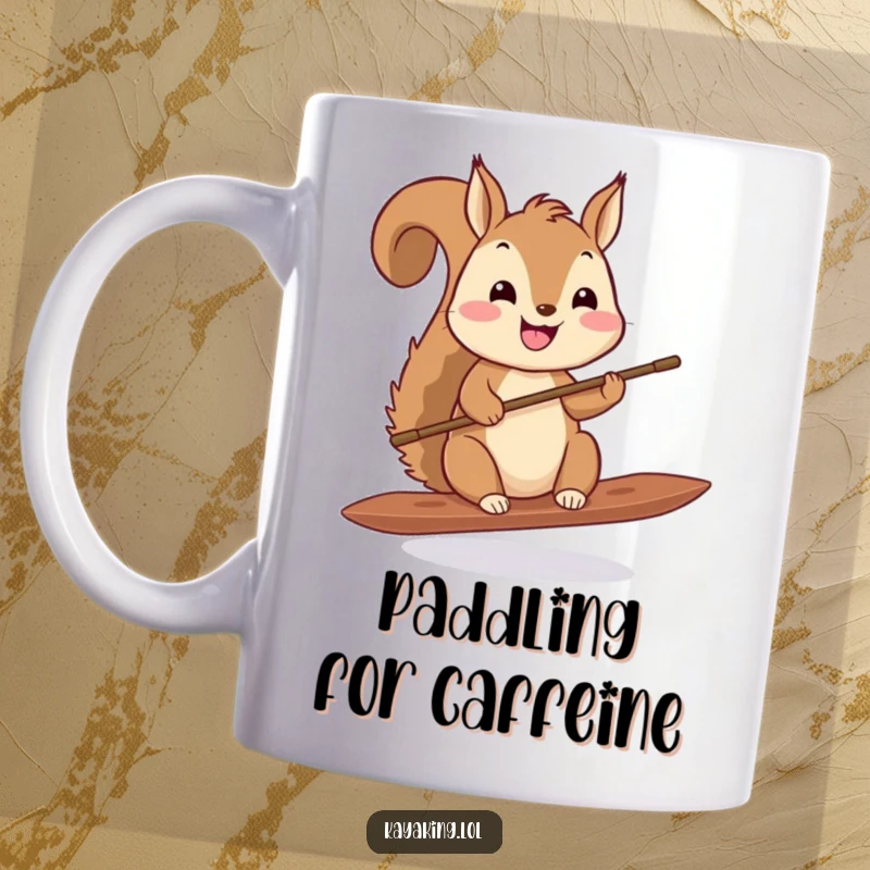 Funny squirrel paddling mug, a joyful squirrel balancing a small wooden paddle, looking cheerful, ready for adventure, cute and funny.
