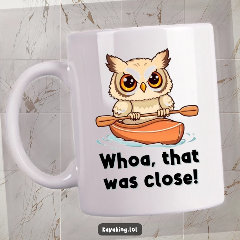Funny Startled Owl Kayak Mug: Wide-eyed owl almost capsizes its boat, a comical scene for outdoor enthusiasts.