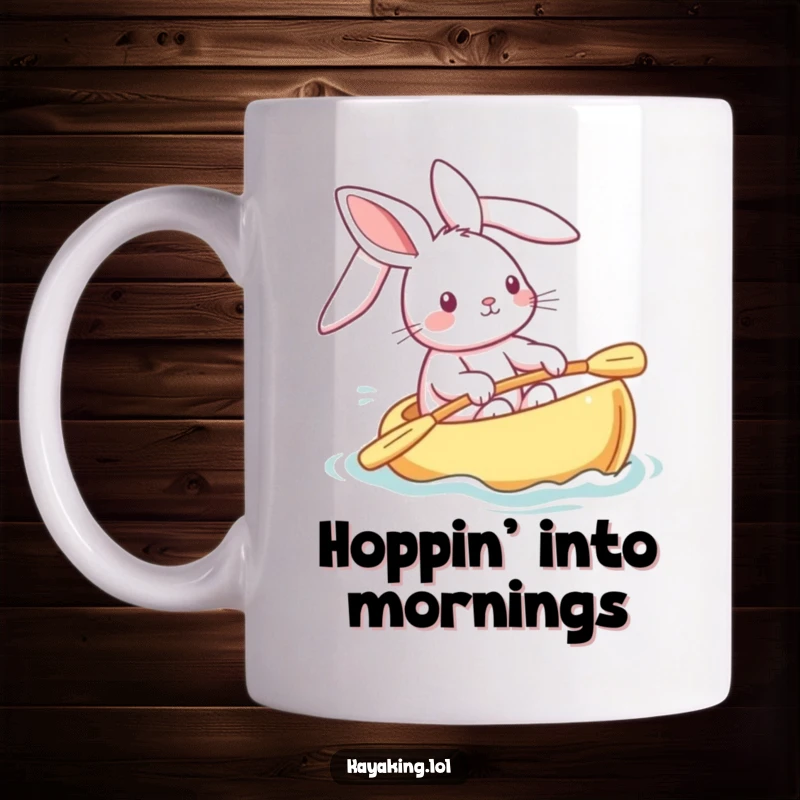Funny bunny mug featuring a happy rabbit steering a kayak, its long ears streaming backward in the wind, a joyful water scene.