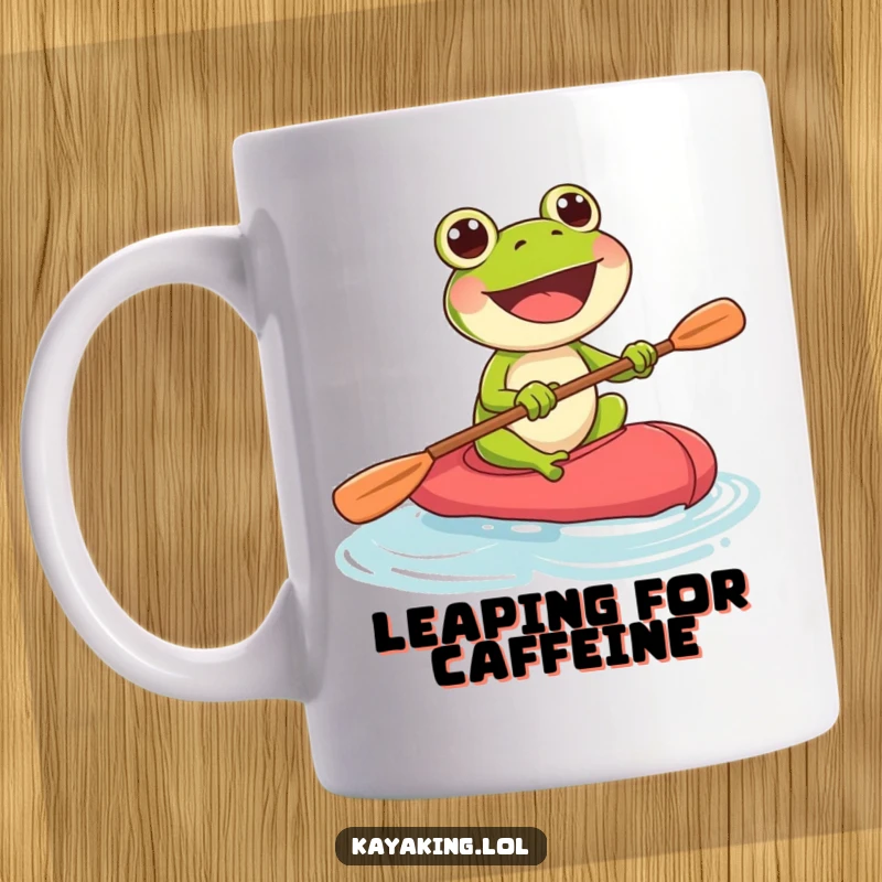 Funny joyful frog with a wide smile, paddling an imaginary kayak with great enthusiasm. A cheerful character.
