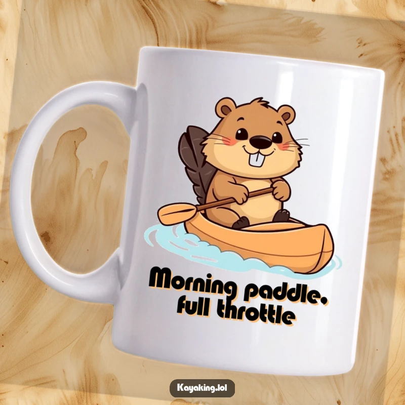 Funny beaver kayaking mug with a happy beaver steering a kayak determinedly, ready for river adventures, a perfect funny gift.