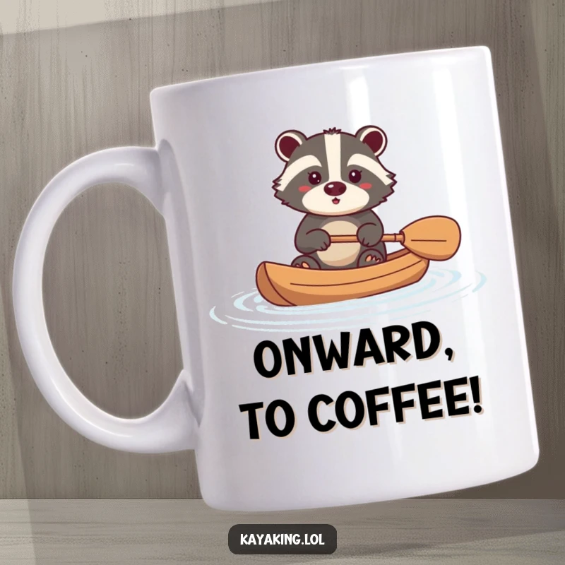 Funny badger mug featuring a brave animal calmly paddling a kayak through gentle water ripples, showcasing determination and nature.