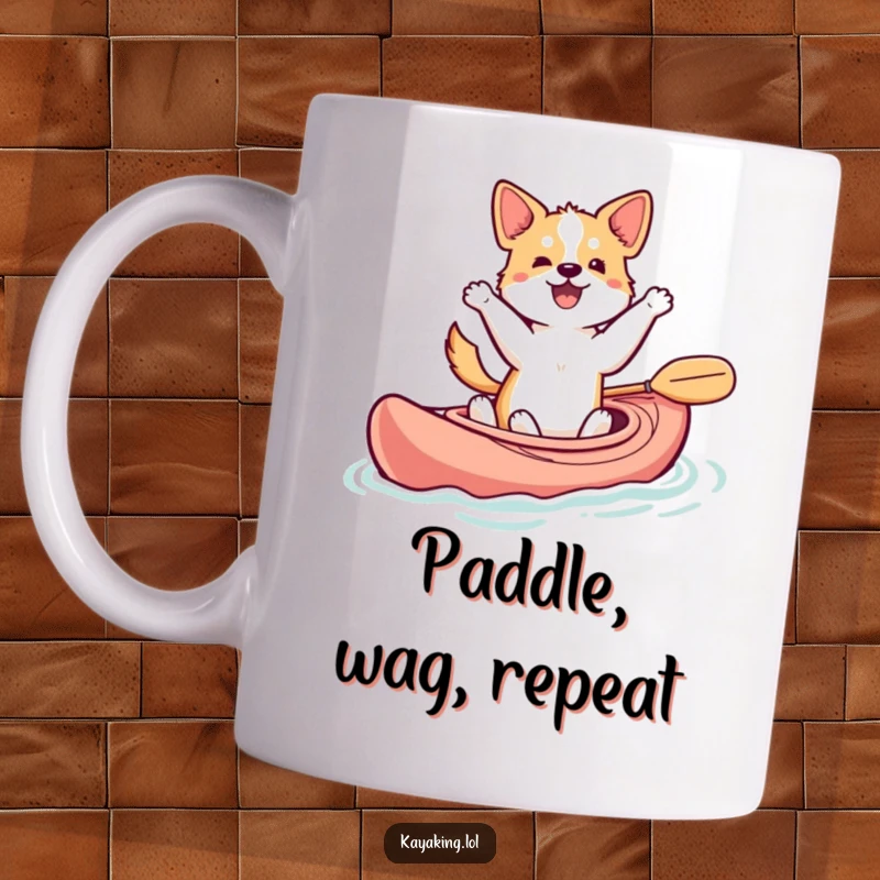Funny dancing dog mug showing a happy dog grooving in a kayak with a wagging tail, a humorous gift.
