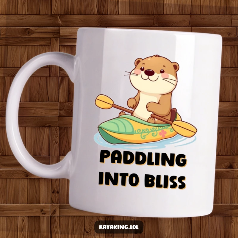Funny mug showing a happy otter with a big grin, joyfully paddling a decorated kayak, radiating pure delight and adventure.