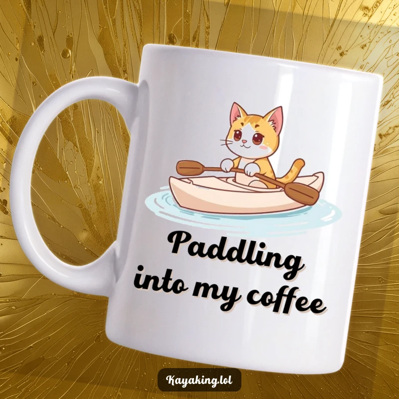 Funny Cat Mug: Curious kitty paddling a kayak on calm water, smiling peacefully on a serene adventure.