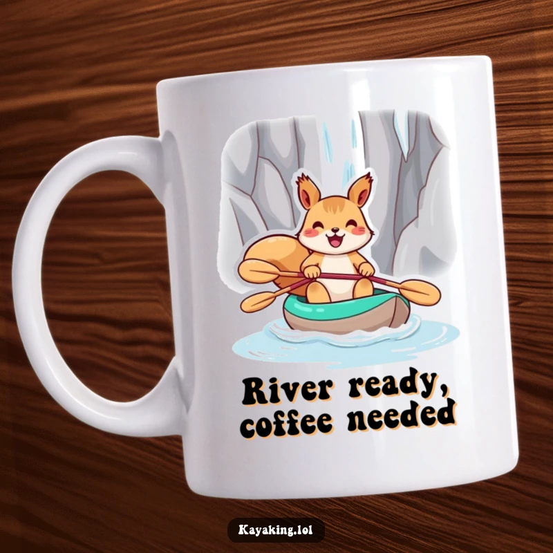 Funny squirrel gleefully paddles a kayak towards a majestic waterfall, embodying pure adventurous spirit on this mug.