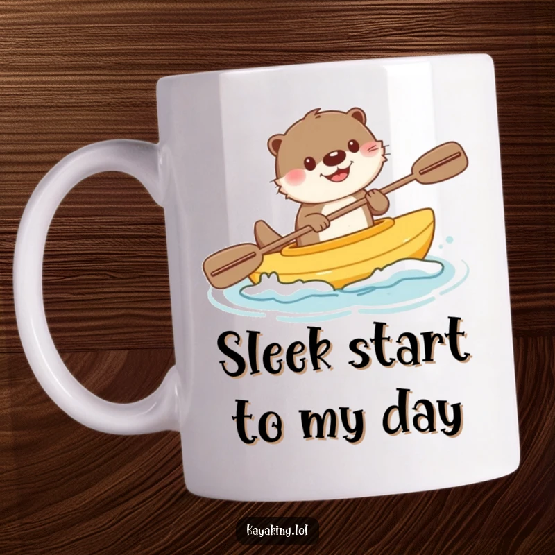 Funny mug with a cheerful otter paddling a small kayak, creating a splash of happiness and aquatic fun.