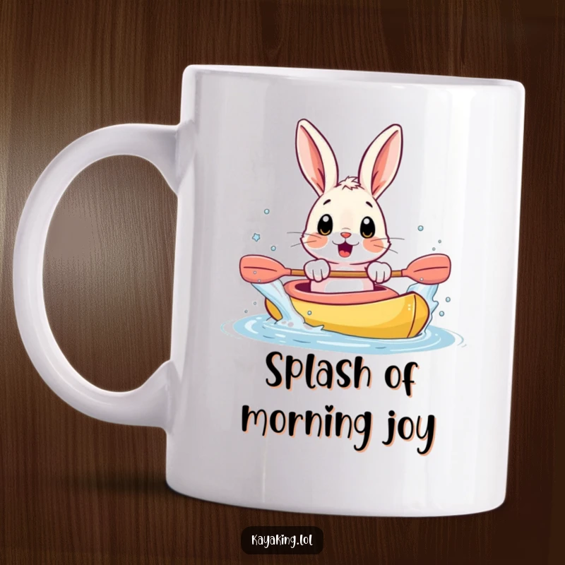 Funny mug shows a surprised bunny splashing water from a kayak with its paws, looking startled and delighted by the water.