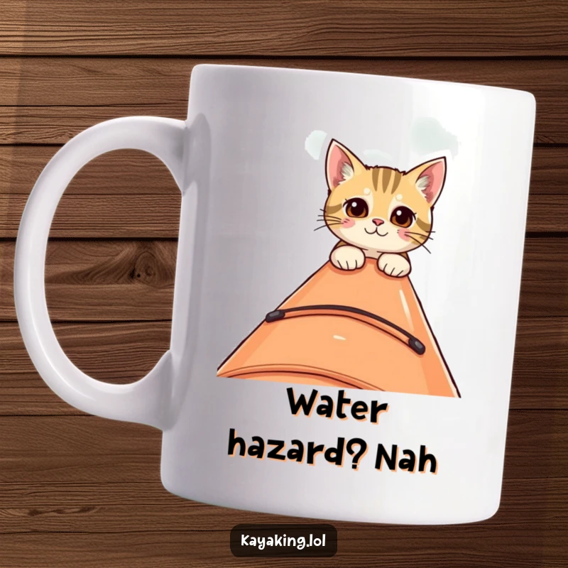 Funny mug featuring a curious cat peeking over the edge of a kayak, showing a mix of intrigue and slight apprehension.