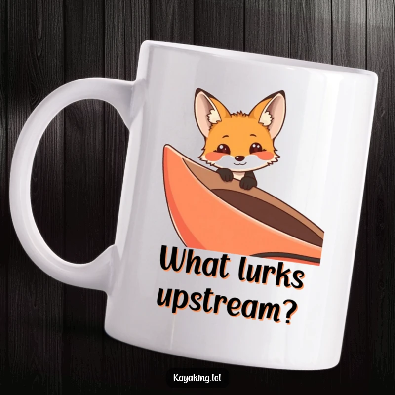Funny curious fox peering over the edge of a kayak on a mug, an adventurous and inquisitive woodland creature.