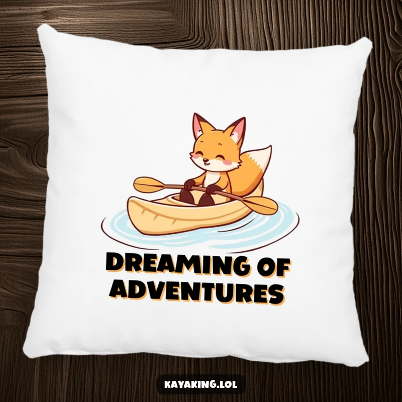 Funny fox kayaking pillow features a smiling fox paddling a kayak with grace, providing comfy humor for any room.