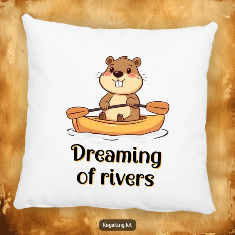 Funny pillow featuring a determined beaver paddling a small kayak with enthusiasm, offering comfort and a humorous touch.