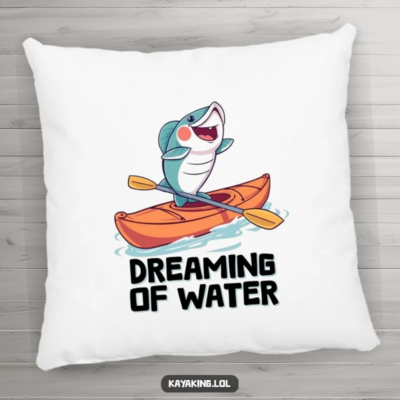 Funny fish kayaking pillow featuring a happy fish leaping out of a kayak, offering humorous comfort and a cheerful design.
