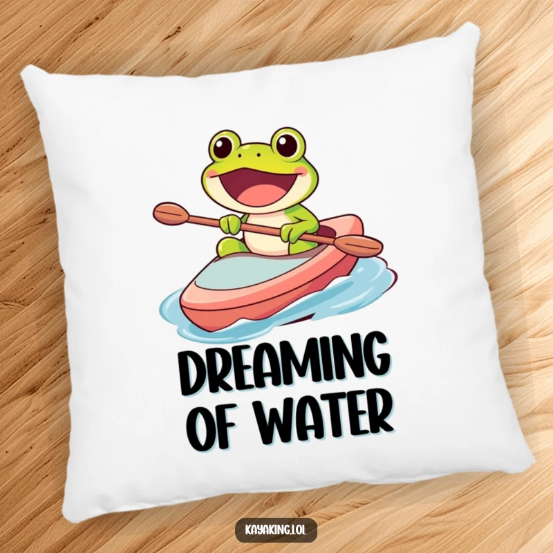Funny pillow featuring a happy frog character paddling a kayak with a wide, excited grin, perfect for cozy, adventurous vibes.
