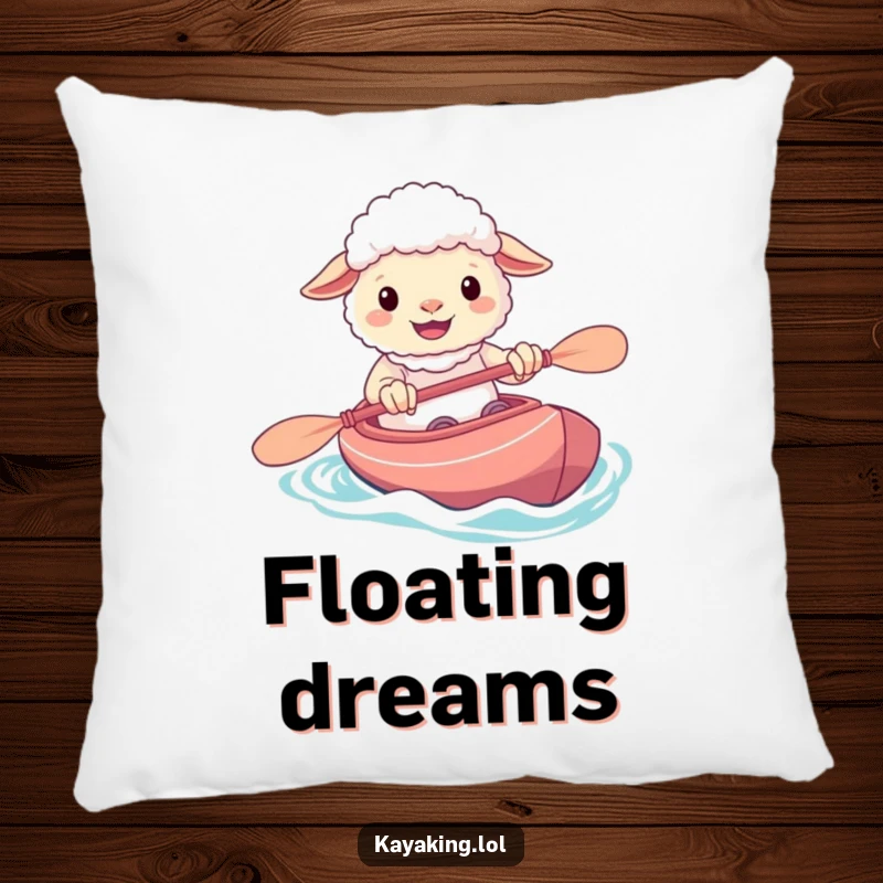 Funny pillow featuring a cheerful sheep grinning while paddling its kayak, bringing a touch of outdoor humor and comfort.