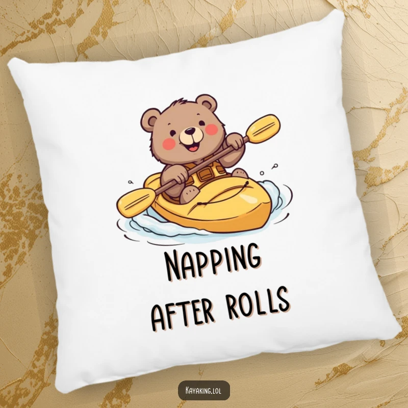 Funny pillow with a brave bear smiling while attempting a kayak roll, offering comfort and bold humor.