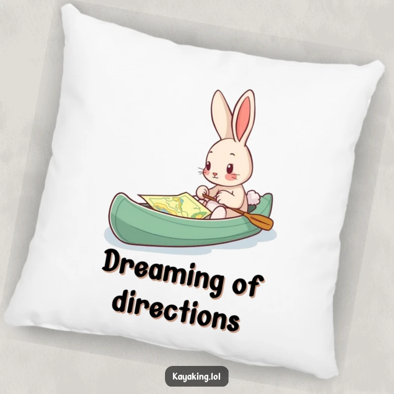Funny Pillow, a bunny looking at a map in a kayak, offering humorous comfort and explorer-themed decor.