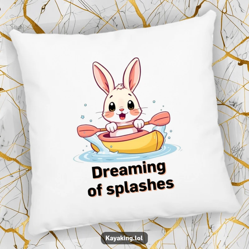 Funny pillow featuring a surprised bunny splashing water from a kayak with its paws, offering comfort and humorous diversion.