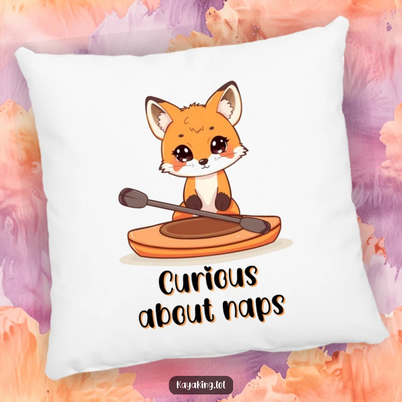 Funny pillow showcasing a curious fox peering over the edge of a small kayak, adding a cute and cozy element to any room.