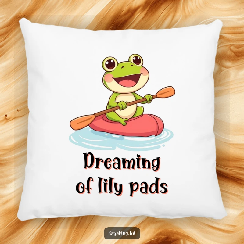 Funny joyful frog paddling a kayak, a comfortable and decorative pillow that adds personality to any room.