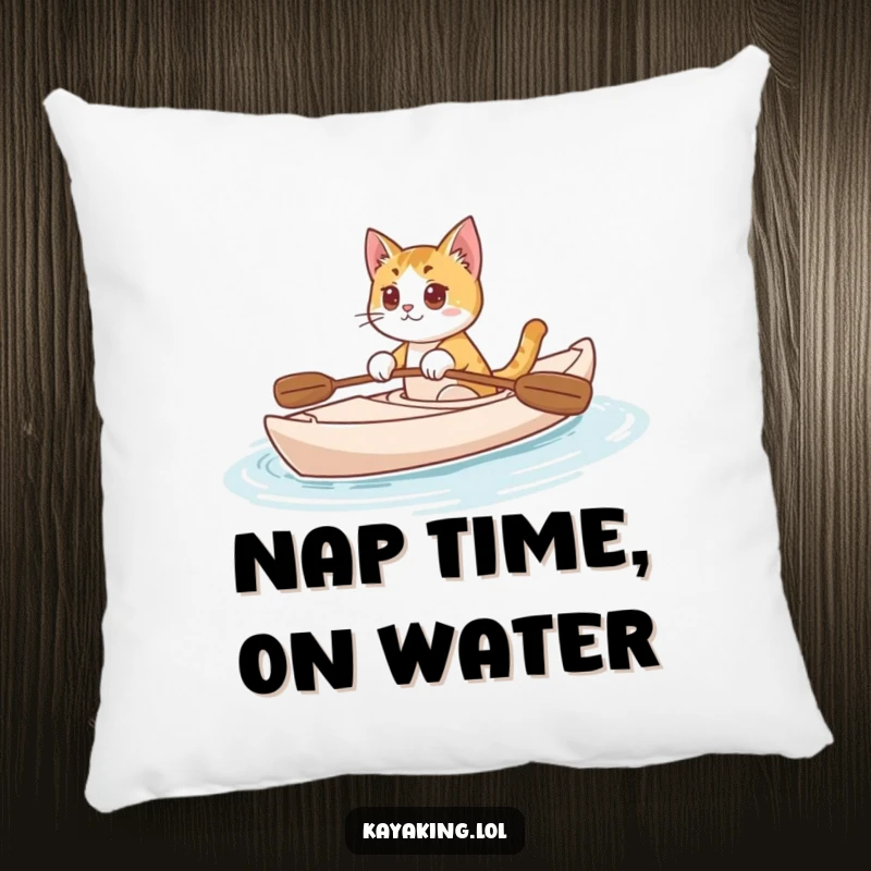 Funny Cat Pillow: Curious cat enjoying a calm kayak ride, providing cozy humor and a touch of adventure.