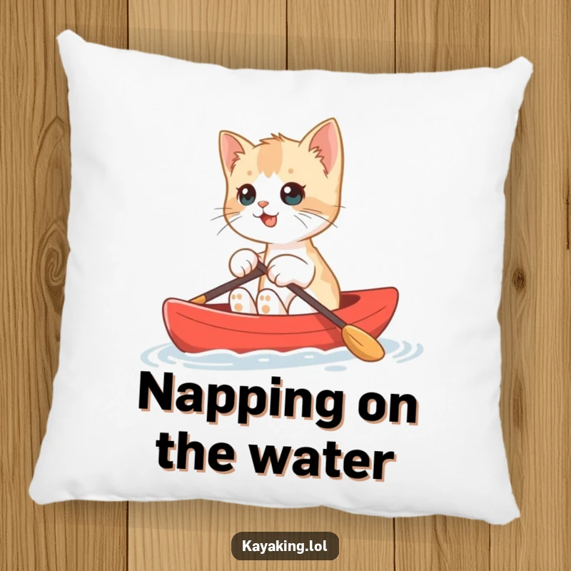 Funny Kitten Kayak Pillow showing a playful kitten navigating a red kayak, perfect for cozying up with, featuring humor.