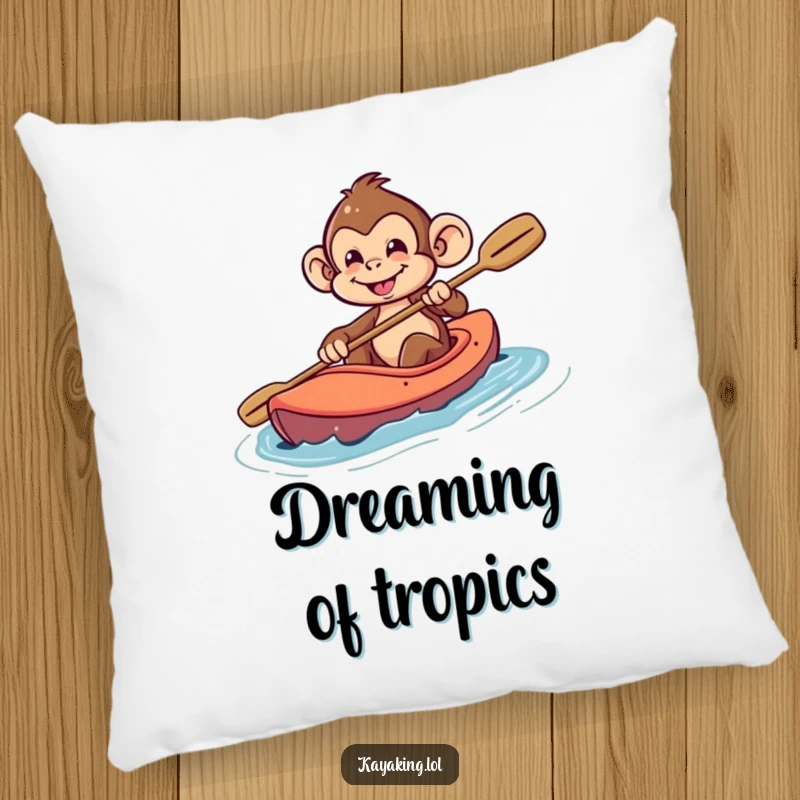 Funny Monkey Pillow: A playful monkey with a mischievous grin steering a kayak, perfect for cozy, adventurous comfort.