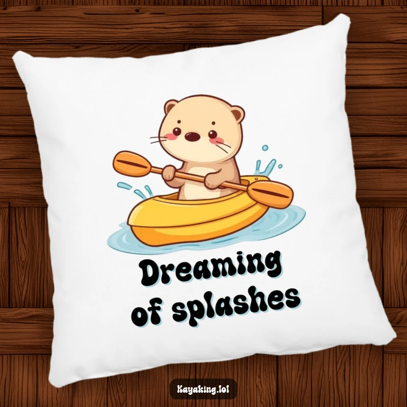 Funny pillow with a playful otter splashing water from a kayak, offering comfort and a splash of fun.